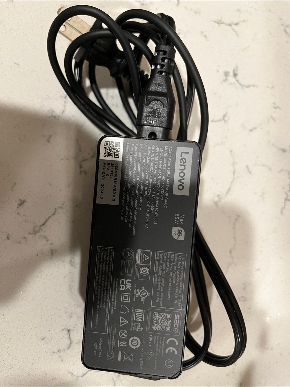 Lenovo Black 65W Laptop Power Adapter with Power Cord